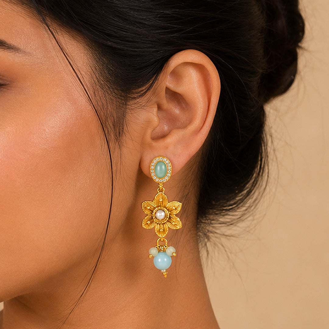 Golden Aqua Floral 925 Sterling Silver Earring