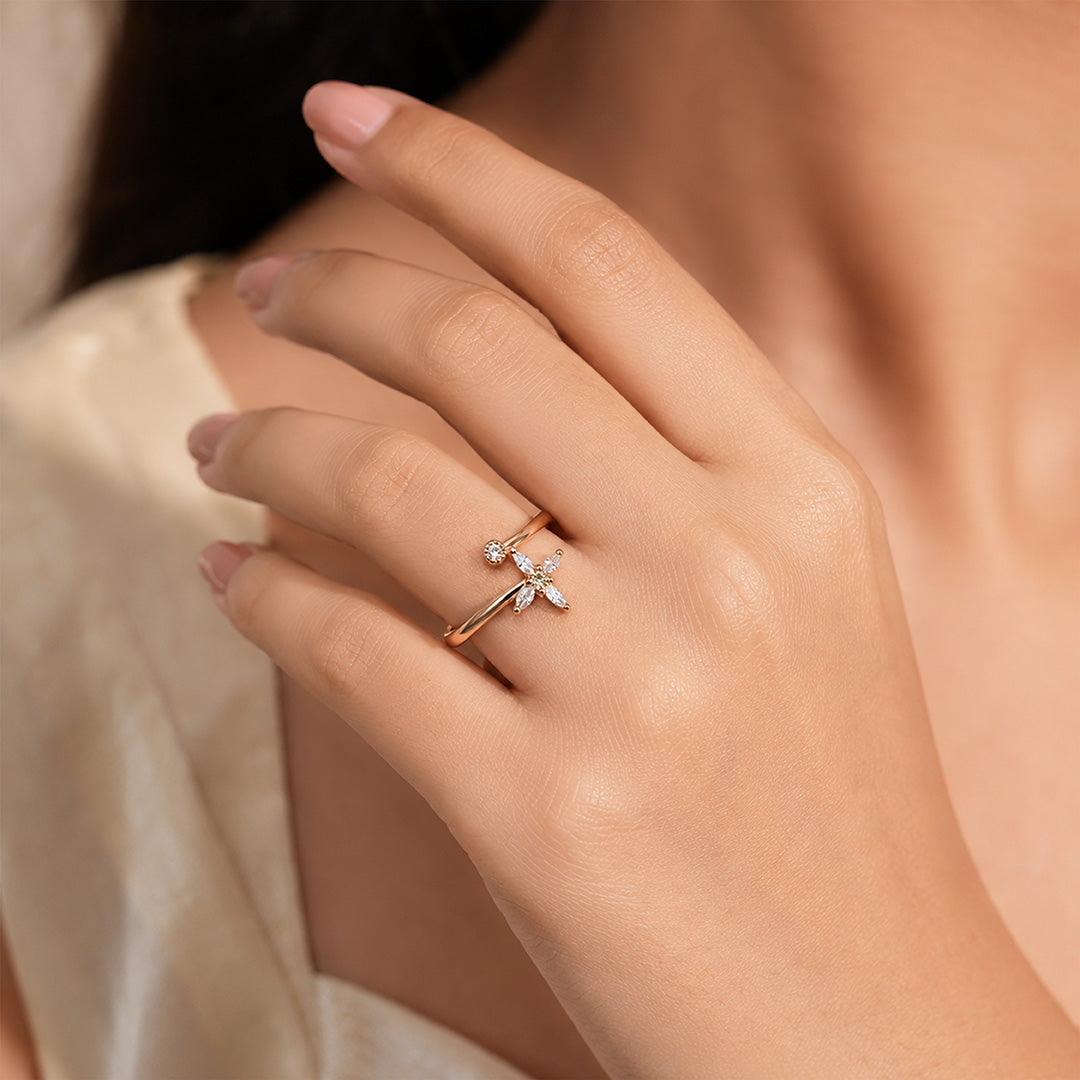 Golden Bloom 925 Sterling Silver Crystal Flower Ring