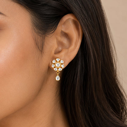 Golden Floral Kundan 925 Sterling Silver Designer Earrings