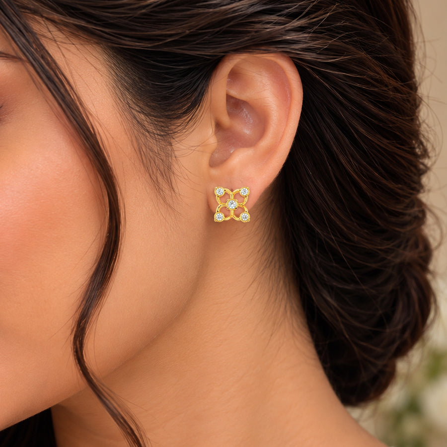 Golden Four Petal 925 Sterling Silver CZ Stud for Women