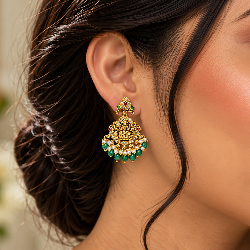 Golden Goddess Lakshmi Peacock Dangle 925 Sterling Silver Green Bead Drop Earring for Women