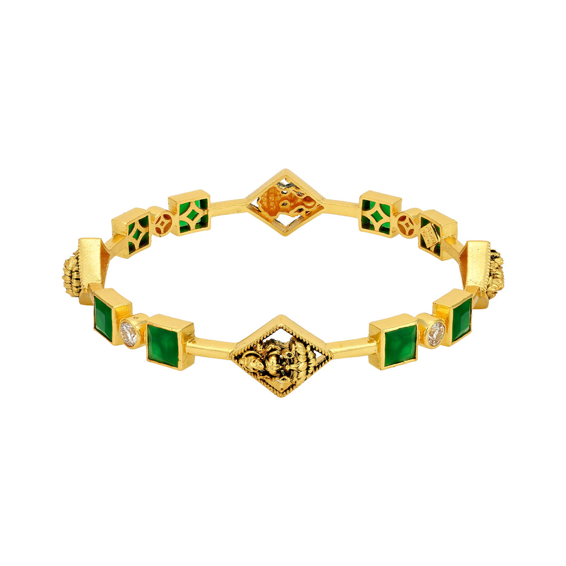 Golden Goddess Lakshmi Embedded 925 Sterling Silver Green Stone Bangle for Women