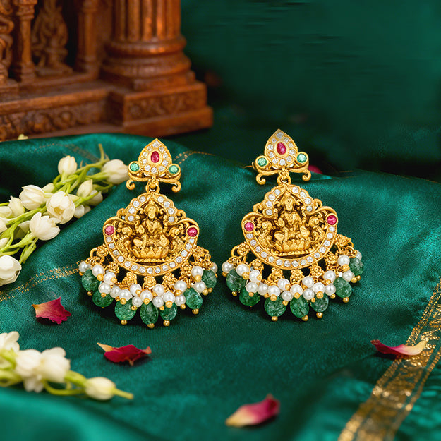 Golden Goddess Lakshmi Peacock Dangle 925 Sterling Silver Green Bead Drop Earring for Women
