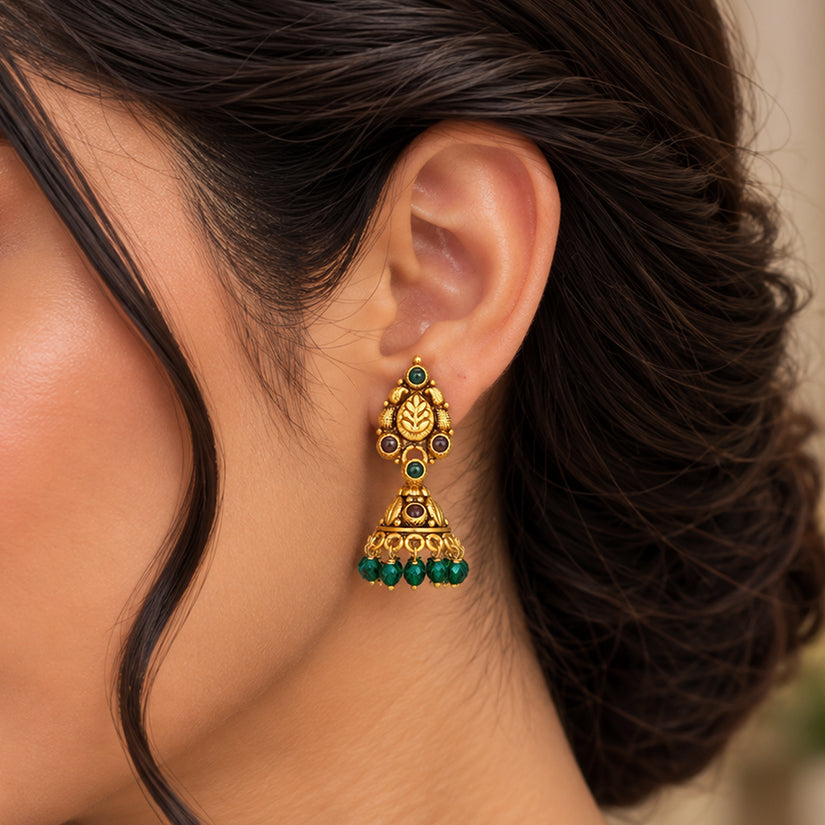 Golden Leaf Pattern Green Bead Drop 925 Sterling Silver Jhumka for Women