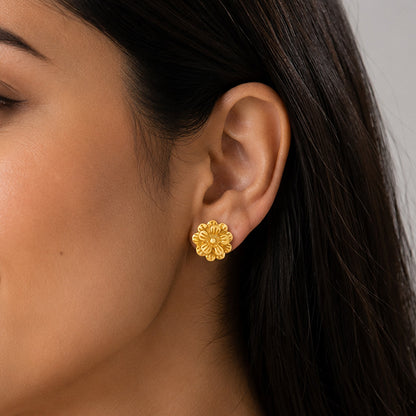 Golden Marigold Textured Floral Ear Studs