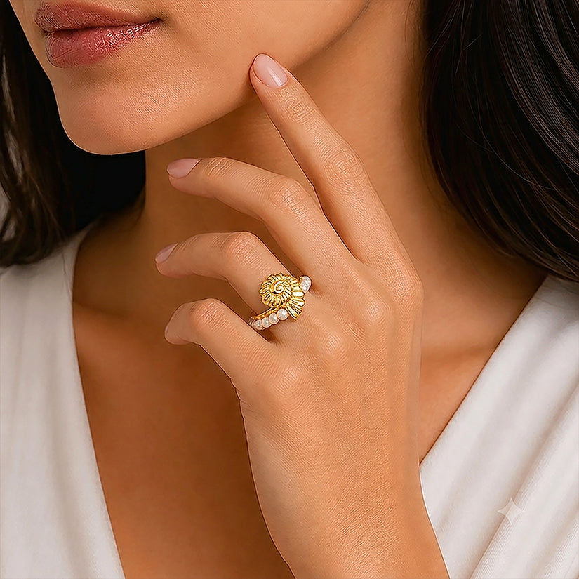 Golden Ocean Coil Pearl Sculptural Contemporary Designer Ring