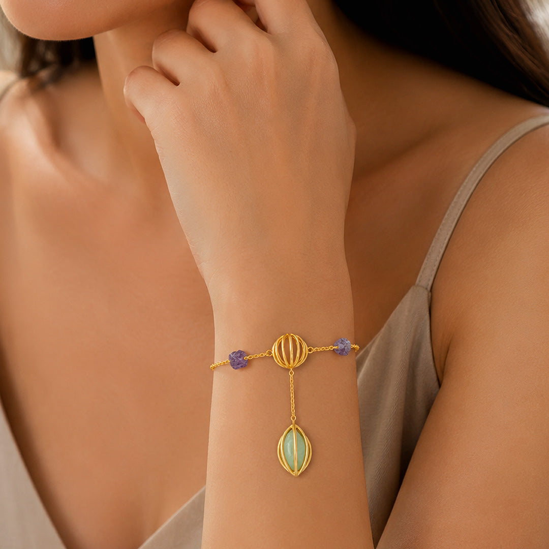 Golden Orb Amethyst Leaf Drop Artistic Designer Bracelet
