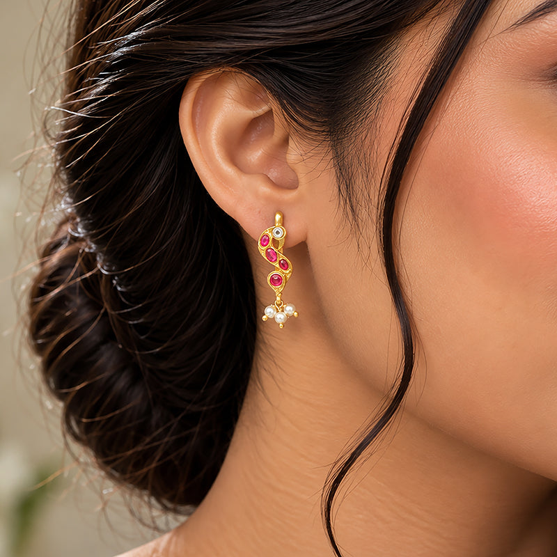 Golden Pink Peacock Head Patterned 925 Sterling Silver Pearl Drop Koppu Earring for Women