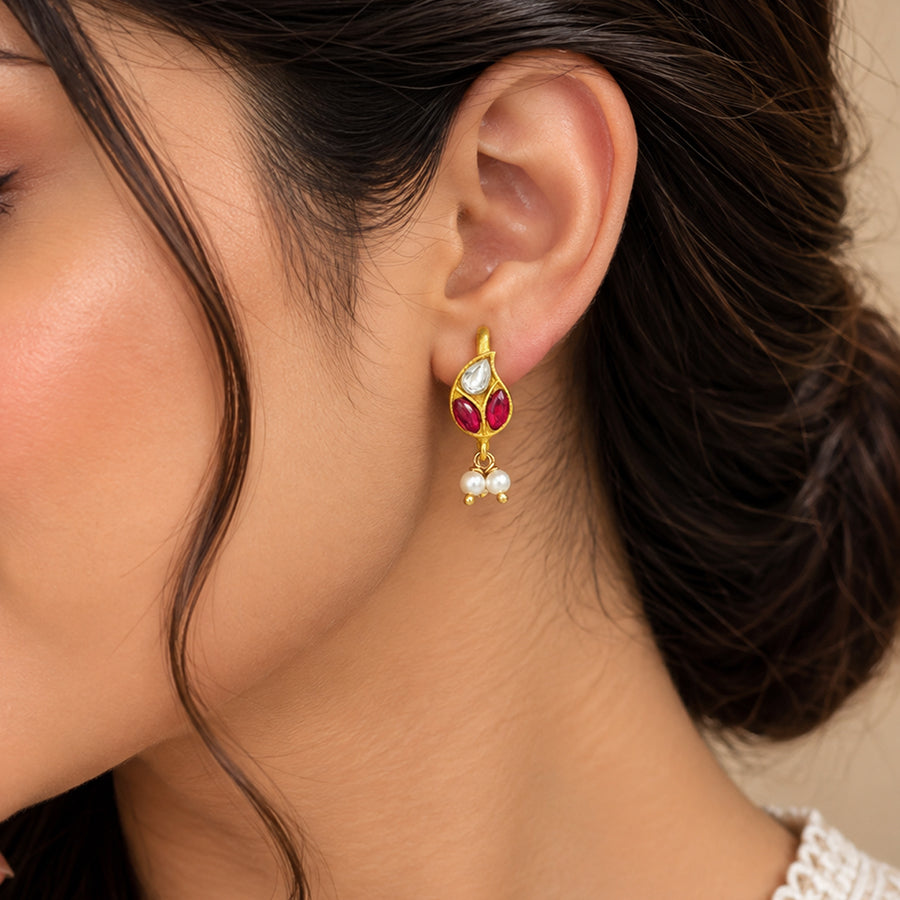 Golden Pink Stone Paisley Pattern 925 Sterling Silver Pearl Drop Earring for Women