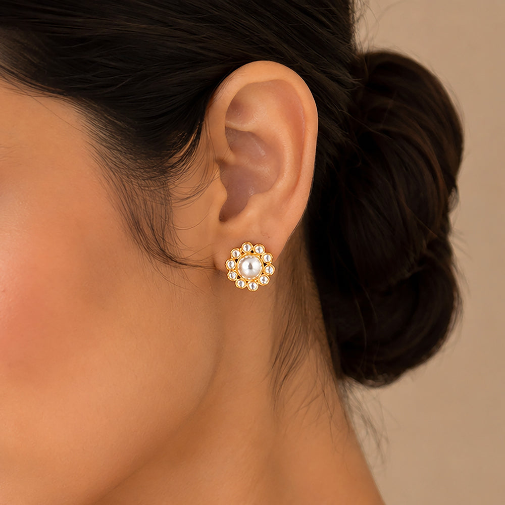 Golden Polki Bloom 925 Sterling Silver Designer Earrings