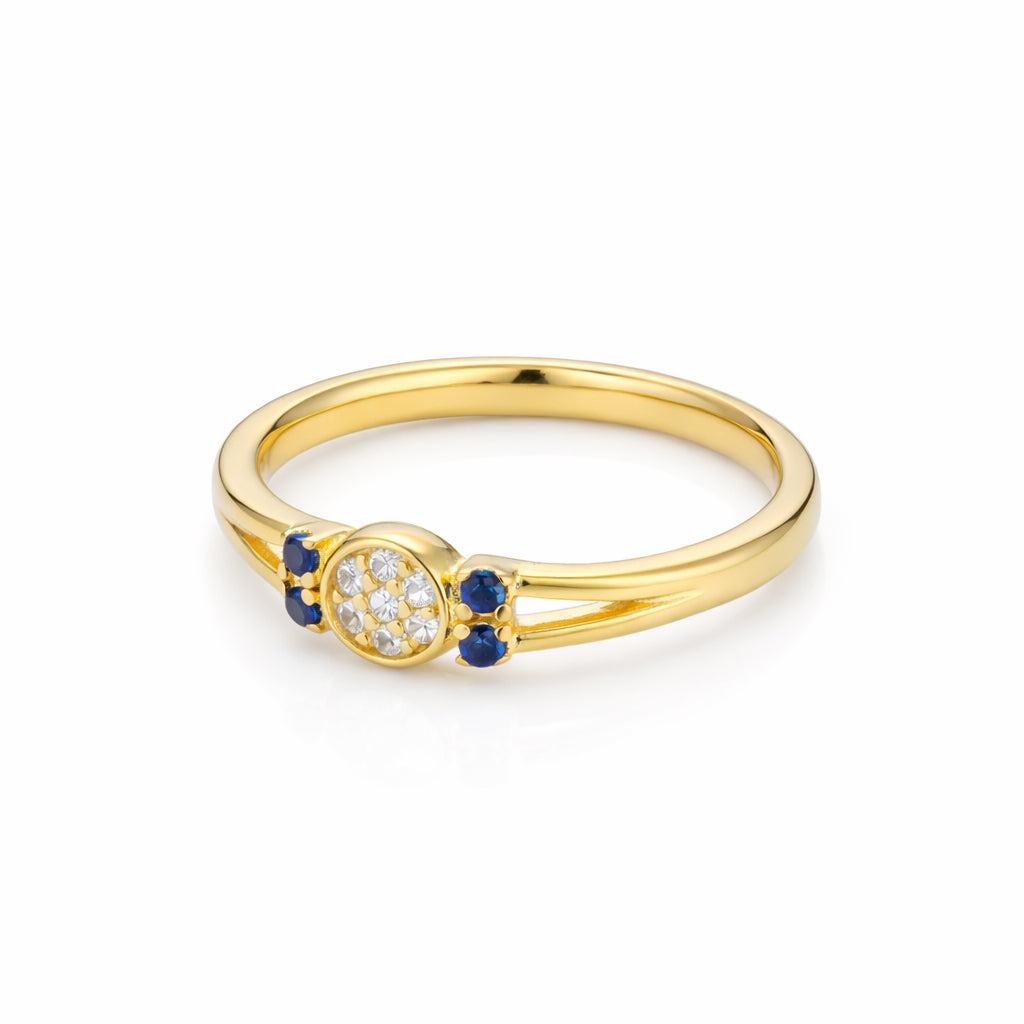 Golden Round Blue Stone Accent 925 Sterling Silver Ring for Women