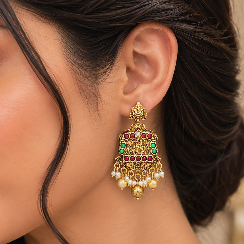 Golden Traditional Pink Green Stone Radha Krishna Ratha 925 Sterling Silver Gold Drop Earring for Women
