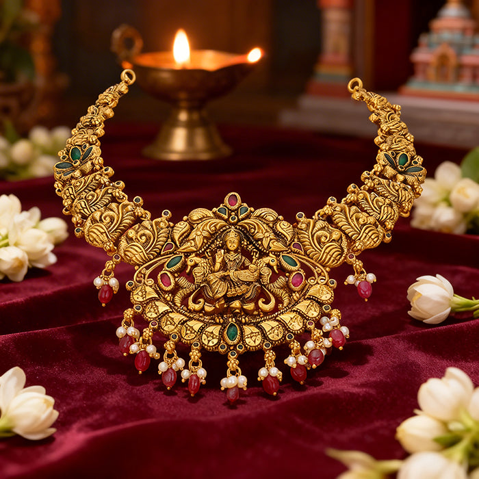 Golden Antique Goddess Lakshmi Peacock 925 Sterling Silver Pink Bead Drop Necklace for Women