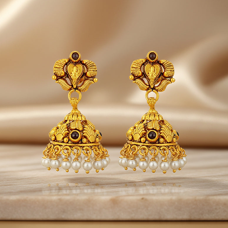 Golden Antique Goddess Pearl Drop 925 Sterling Silver Jhumka for Women