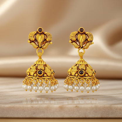 Golden Antique Goddess Pearl Drop 925 Sterling Silver Jhumka for Women