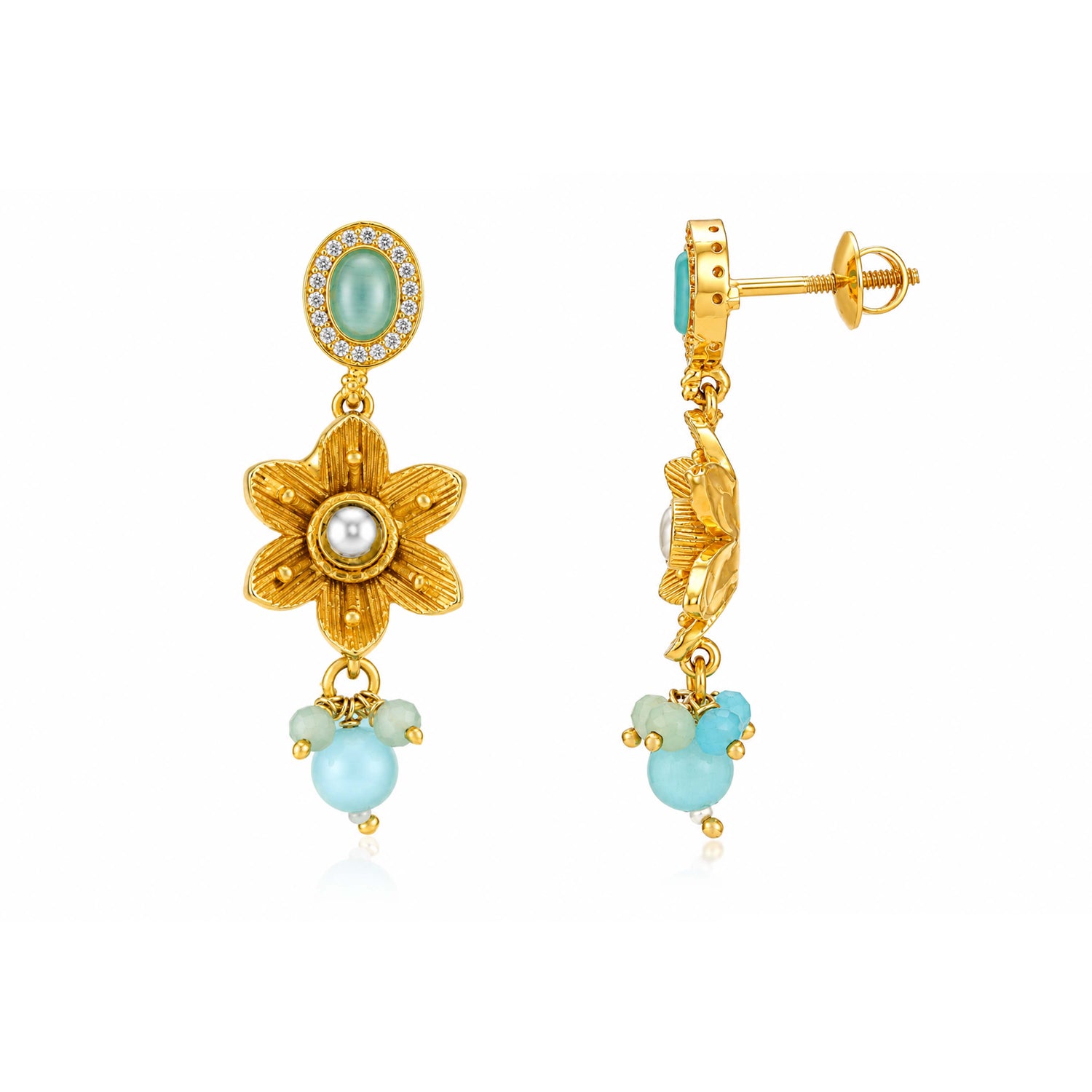 Golden Aqua Floral 925 Sterling Silver Earring