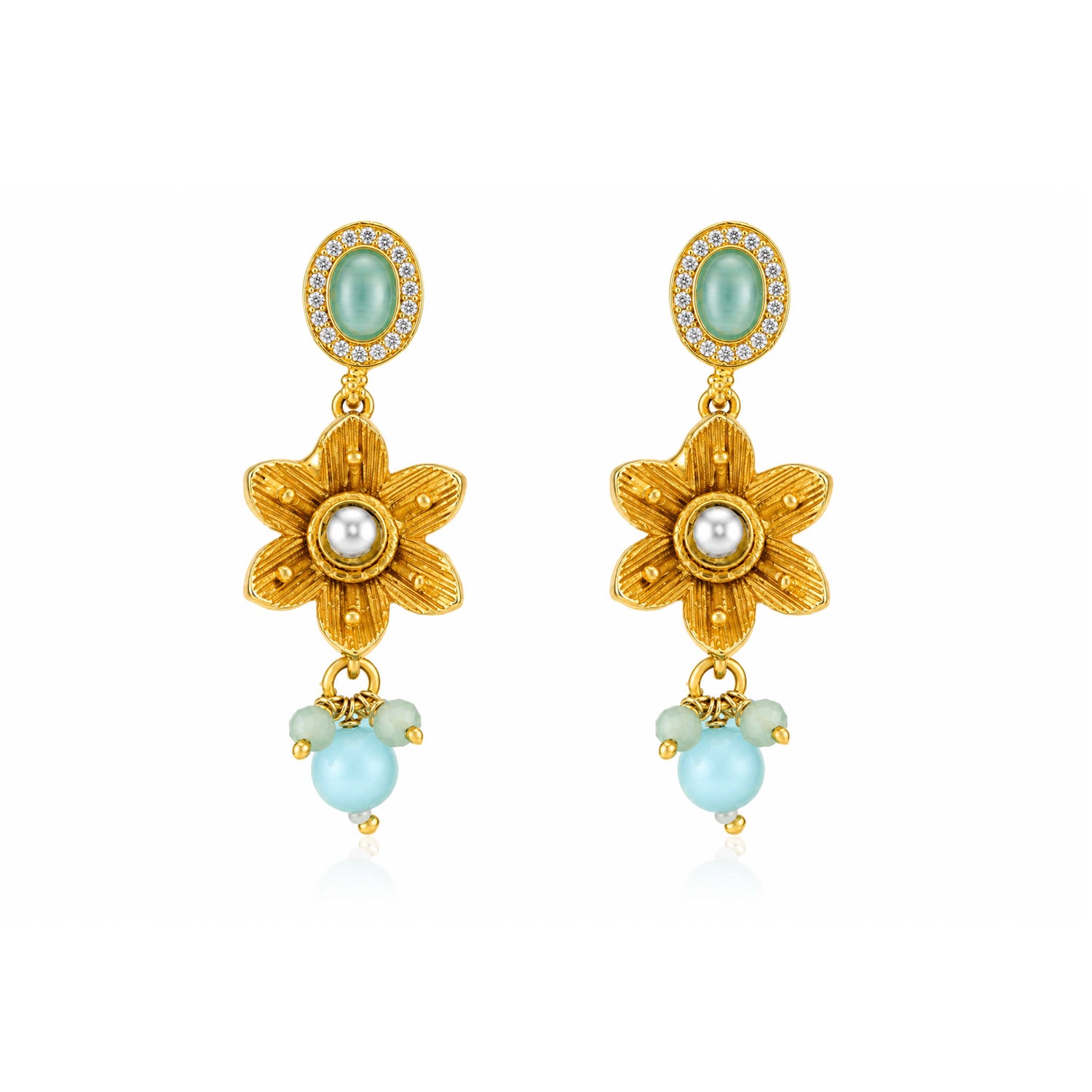 Golden Aqua Floral 925 Sterling Silver Earring