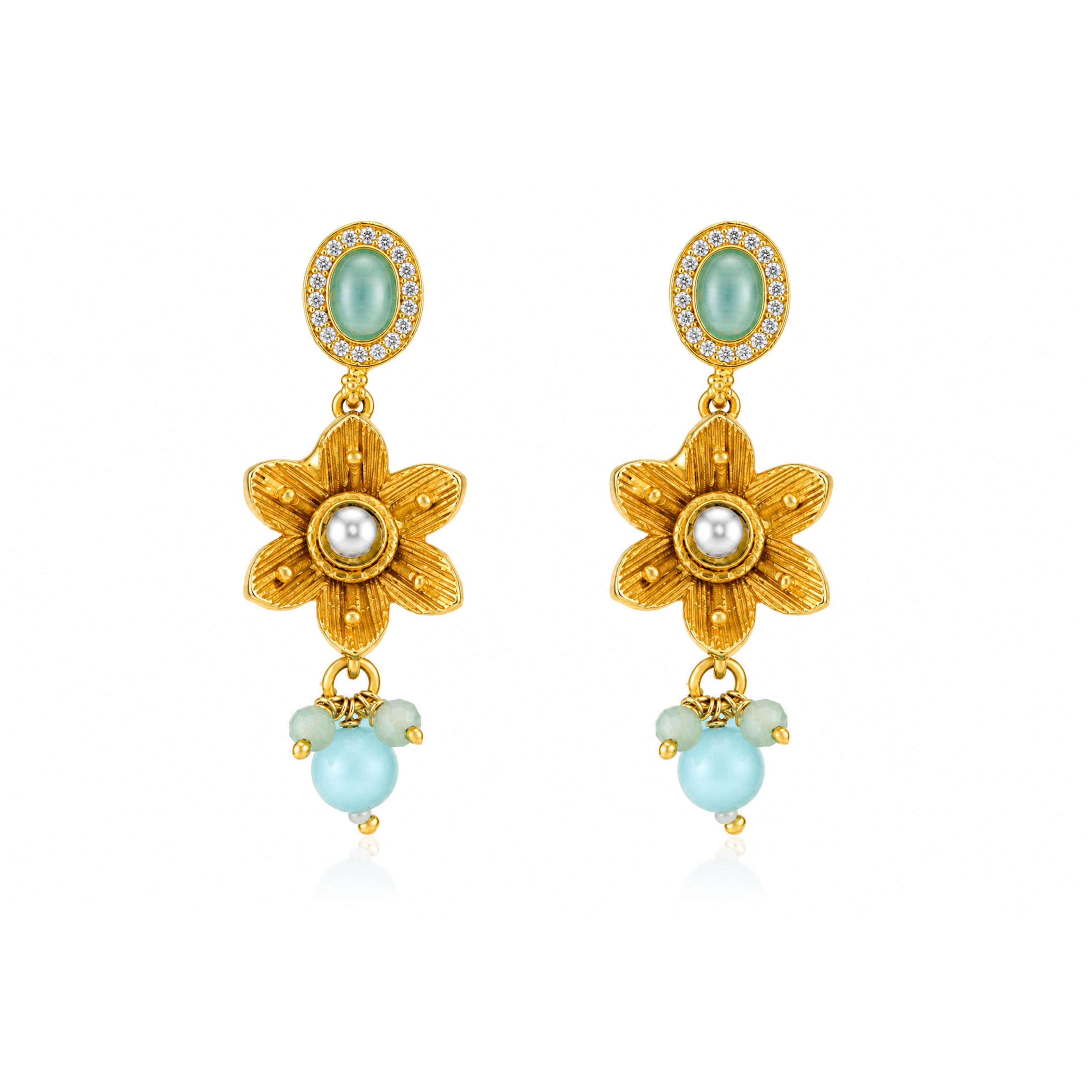 Golden Aqua Floral 925 Sterling Silver Earring