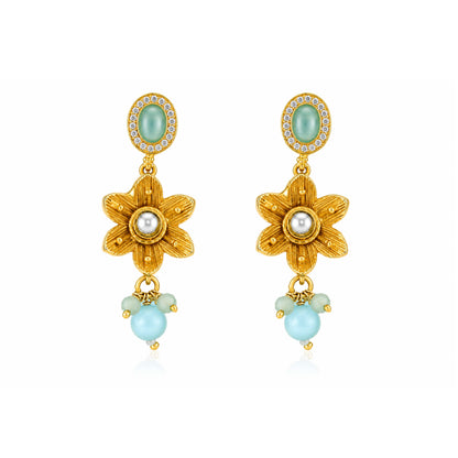 Golden Aqua Floral 925 Sterling Silver Earring