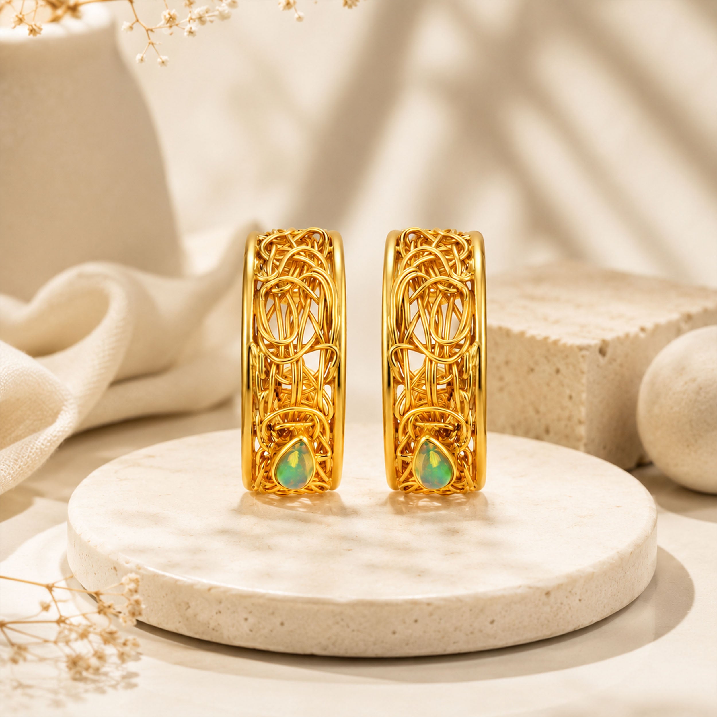 Golden Artisan Weave 925 Sterling Silver Statement Earrings