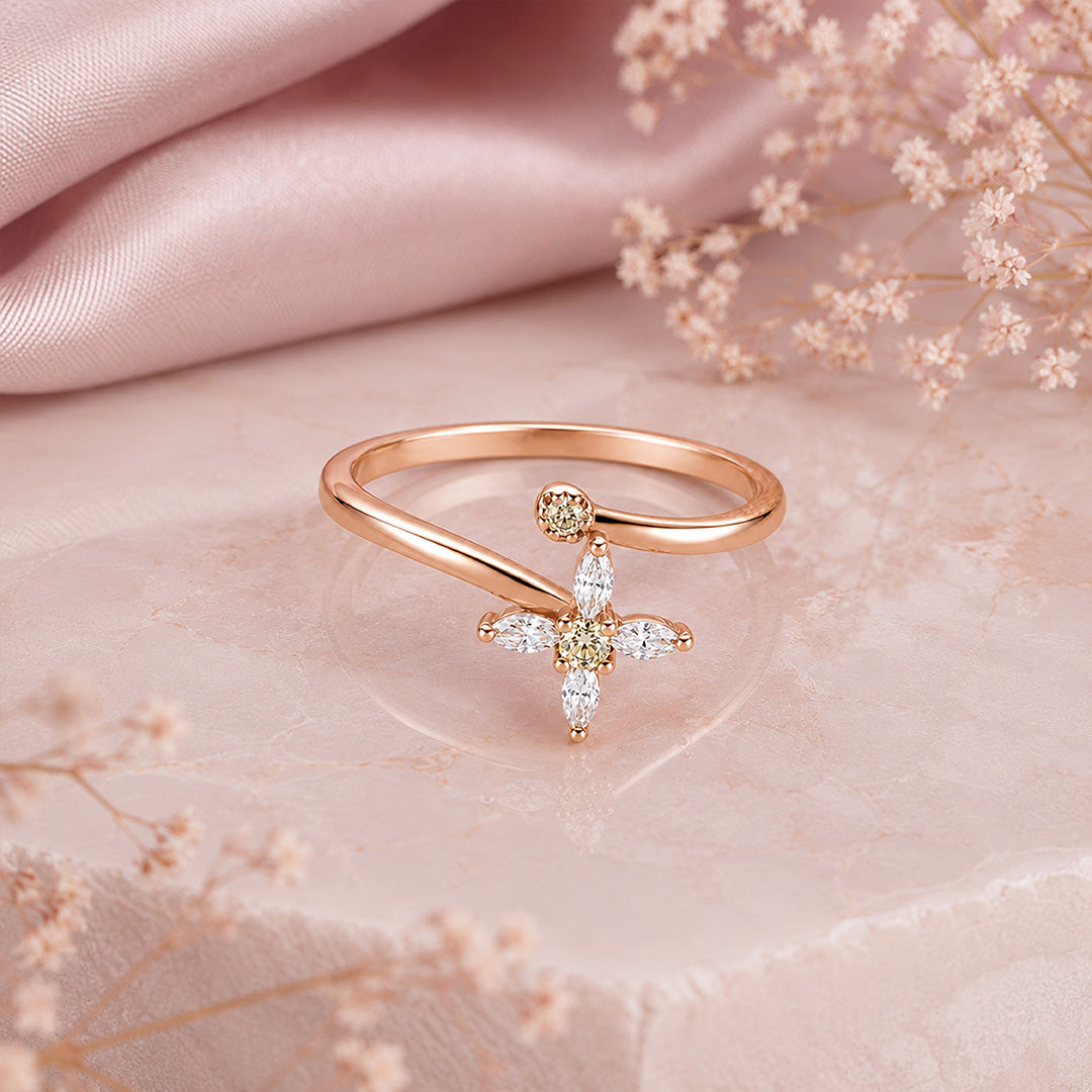 Golden Bloom 925 Sterling Silver Crystal Flower Ring
