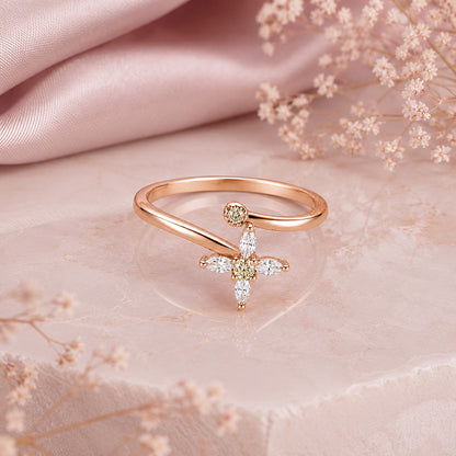 Golden Bloom 925 Sterling Silver Crystal Flower Ring
