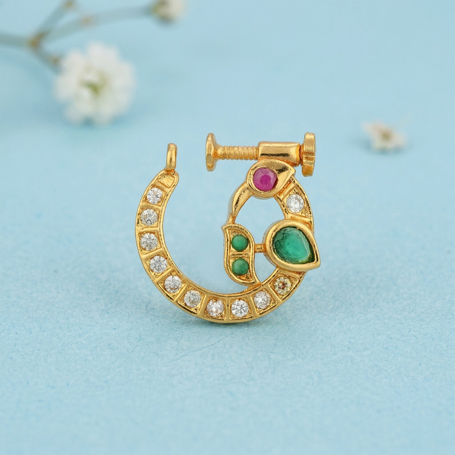 Golden CZ Accent 925 Sterling Silver Green Pink Stone Nosepin for Women