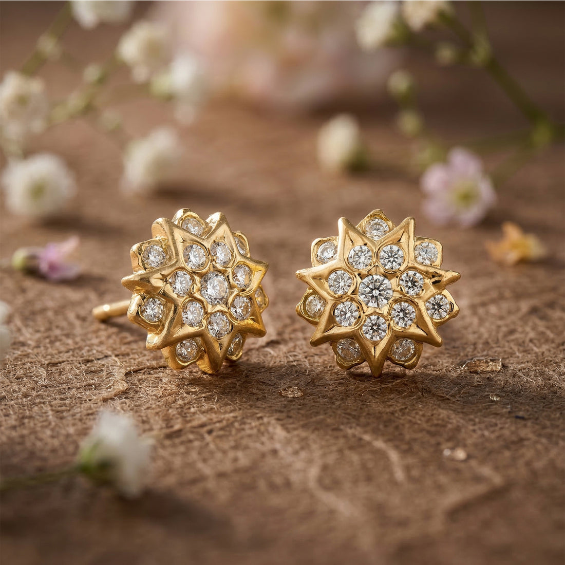 Golden CZ Cluster Floral Pattern 925 Sterling Silver Stud for Women