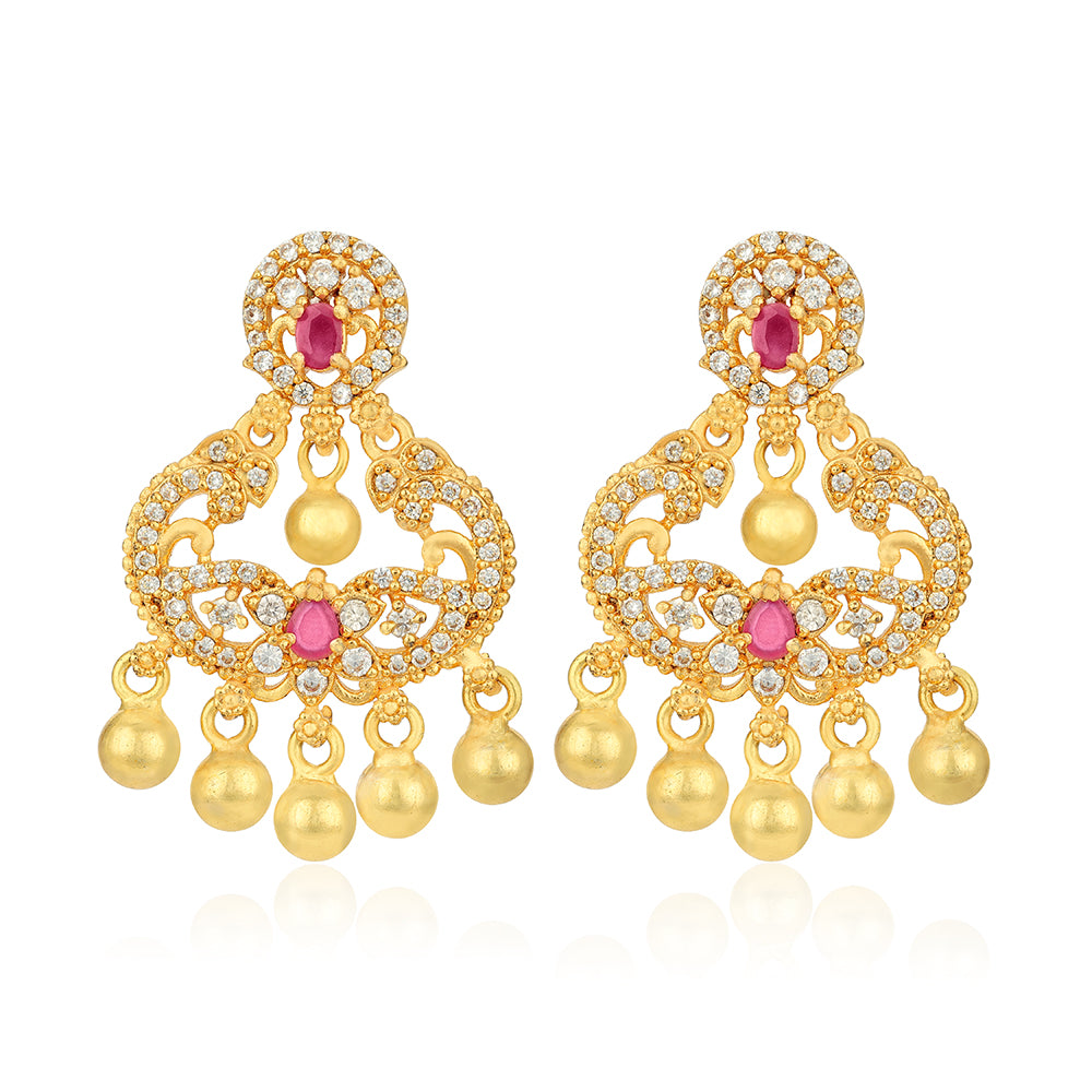 Golden CZ Pink Stone Peacock 925 Sterling Silver Gold Drop Earring for Women