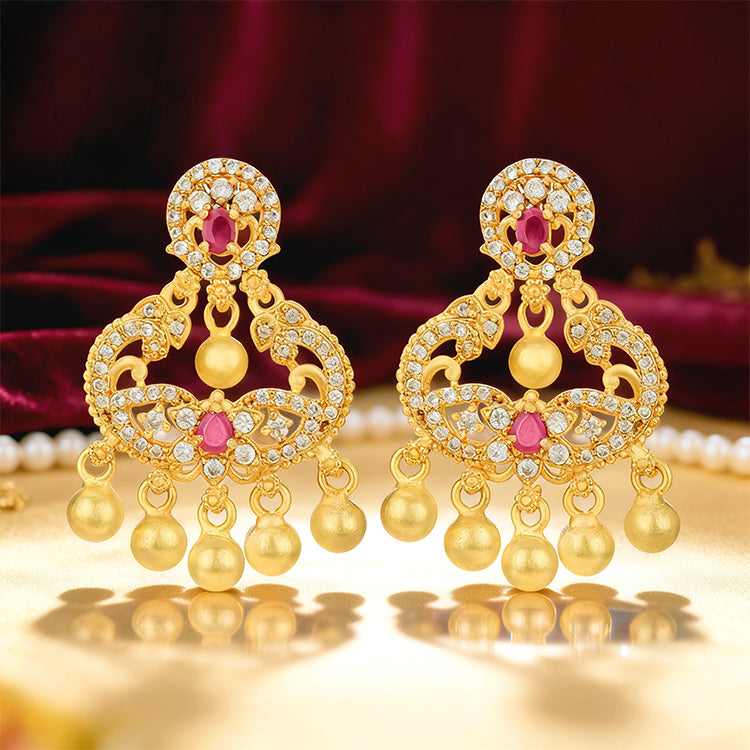 Golden CZ Pink Stone Peacock 925 Sterling Silver Gold Drop Earring for Women