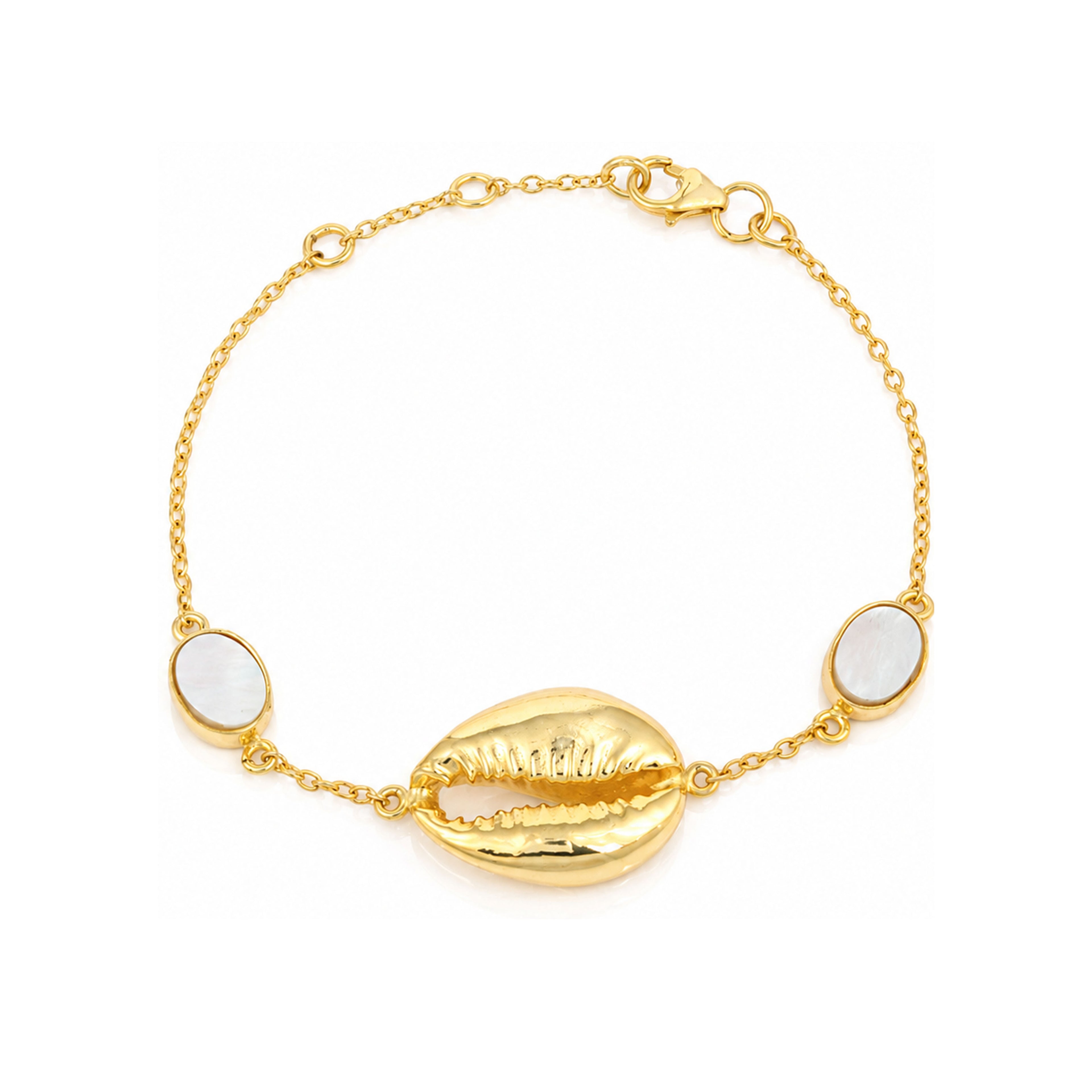 Golden Cowrie Shell Pearl Accent Designer Chain Bracelet