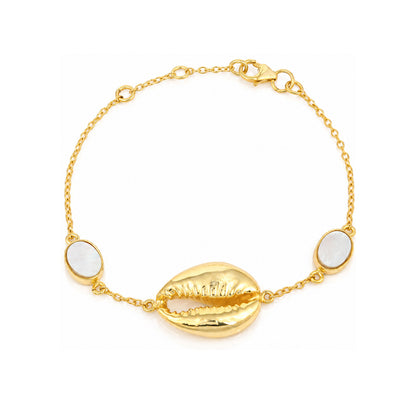 Golden Cowrie Shell Pearl Accent Designer Chain Bracelet