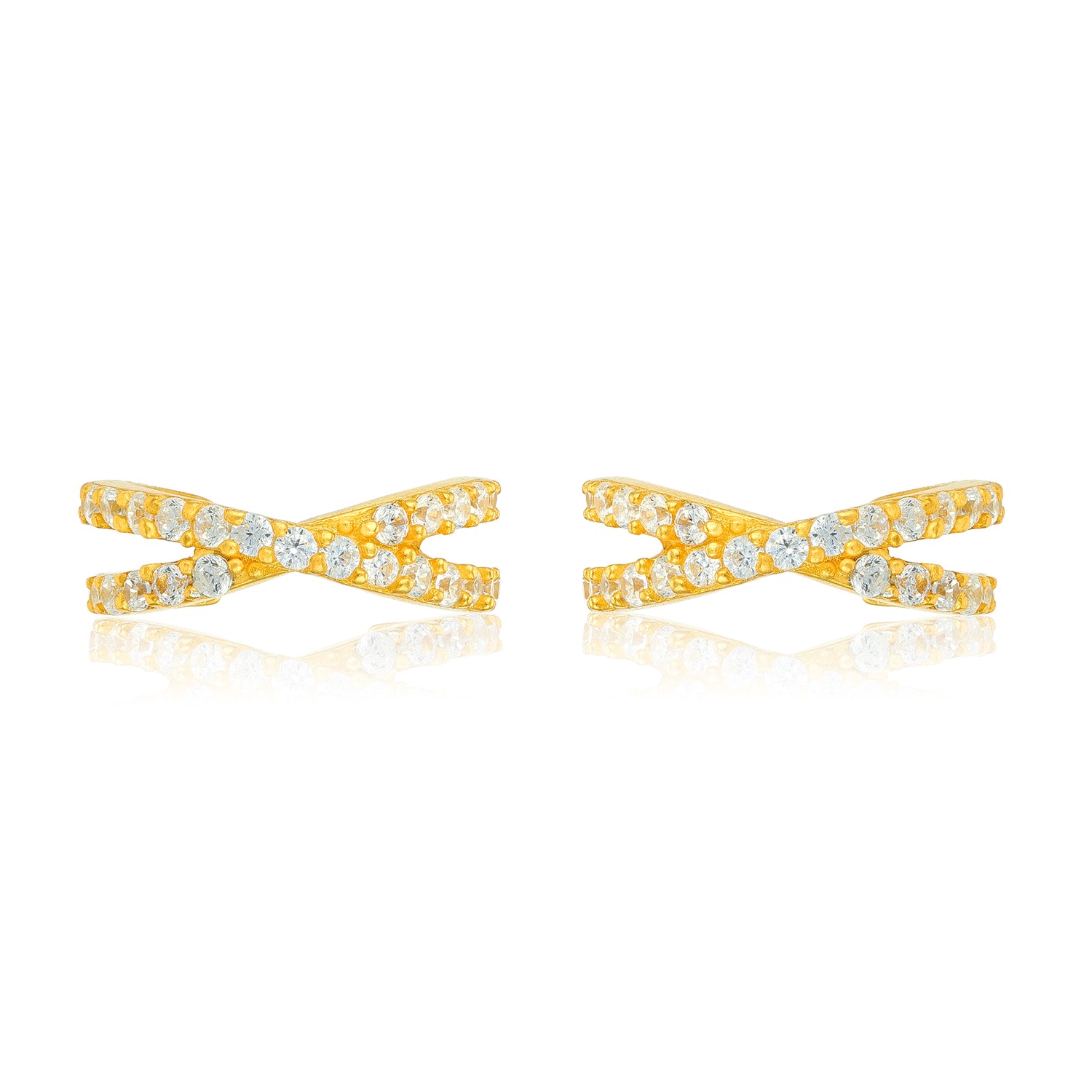 Golden Cross Over Crystal Shine 925 Sterling Silver Cuff Earrings