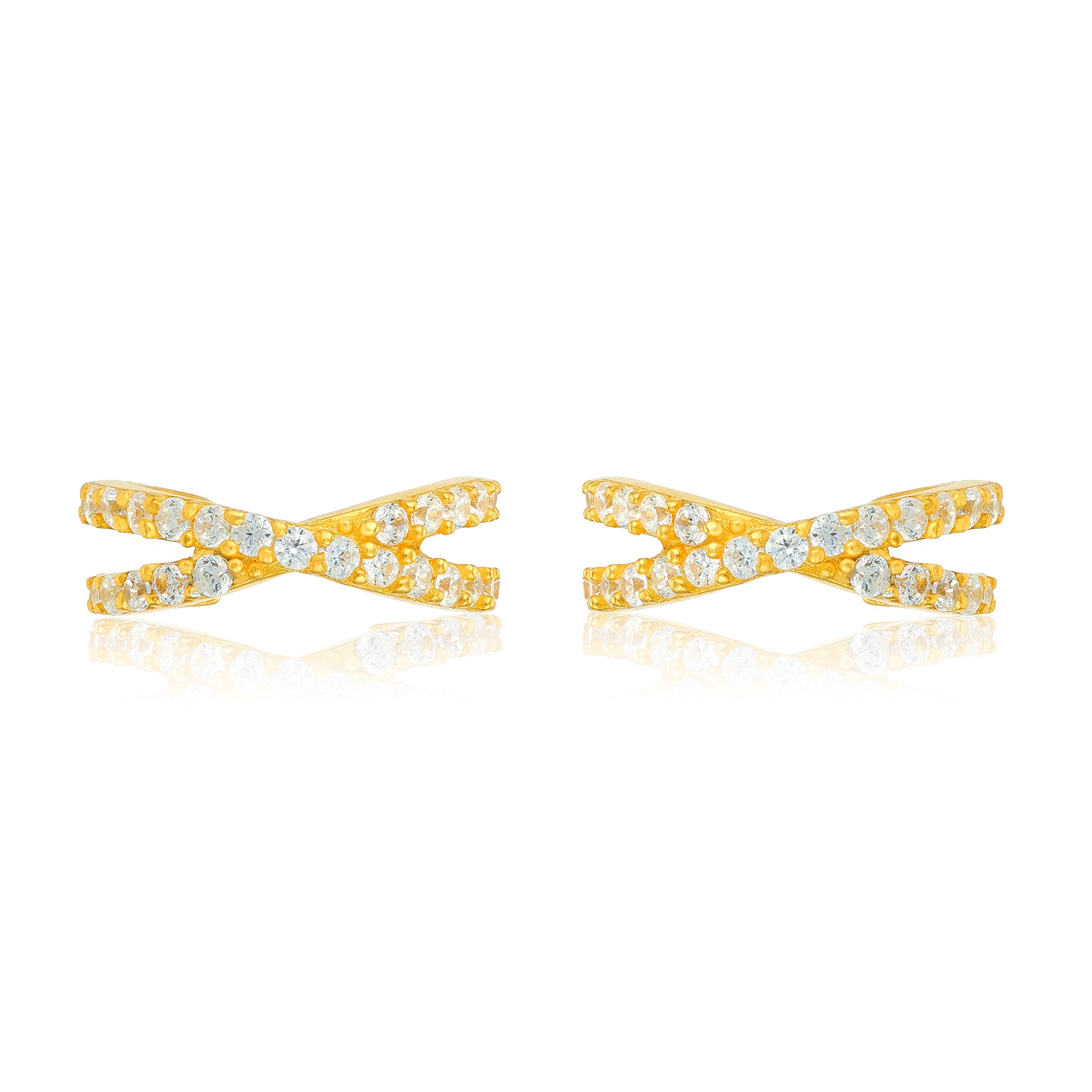 Golden Cross Over Crystal Shine 925 Sterling Silver Cuff Earrings