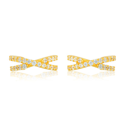 Golden Cross Over Crystal Shine 925 Sterling Silver Cuff Earrings