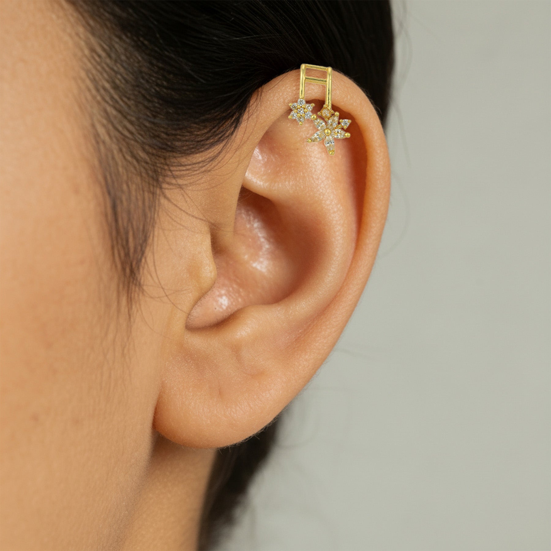 Golden Crystal Floral Drop 925 Sterling Silver Cuff Earrings