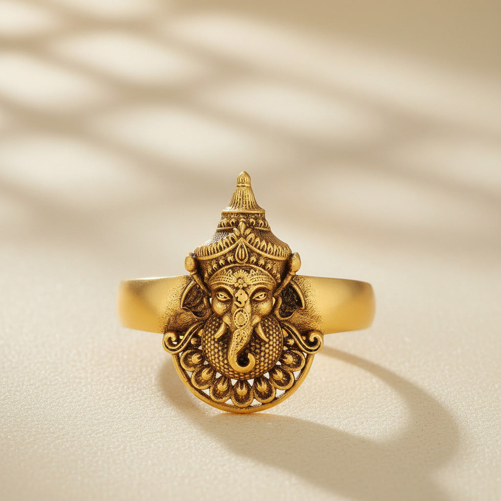 Golden Divine Ganesha Temple Statement 925 Sterling Silver Ring for Women