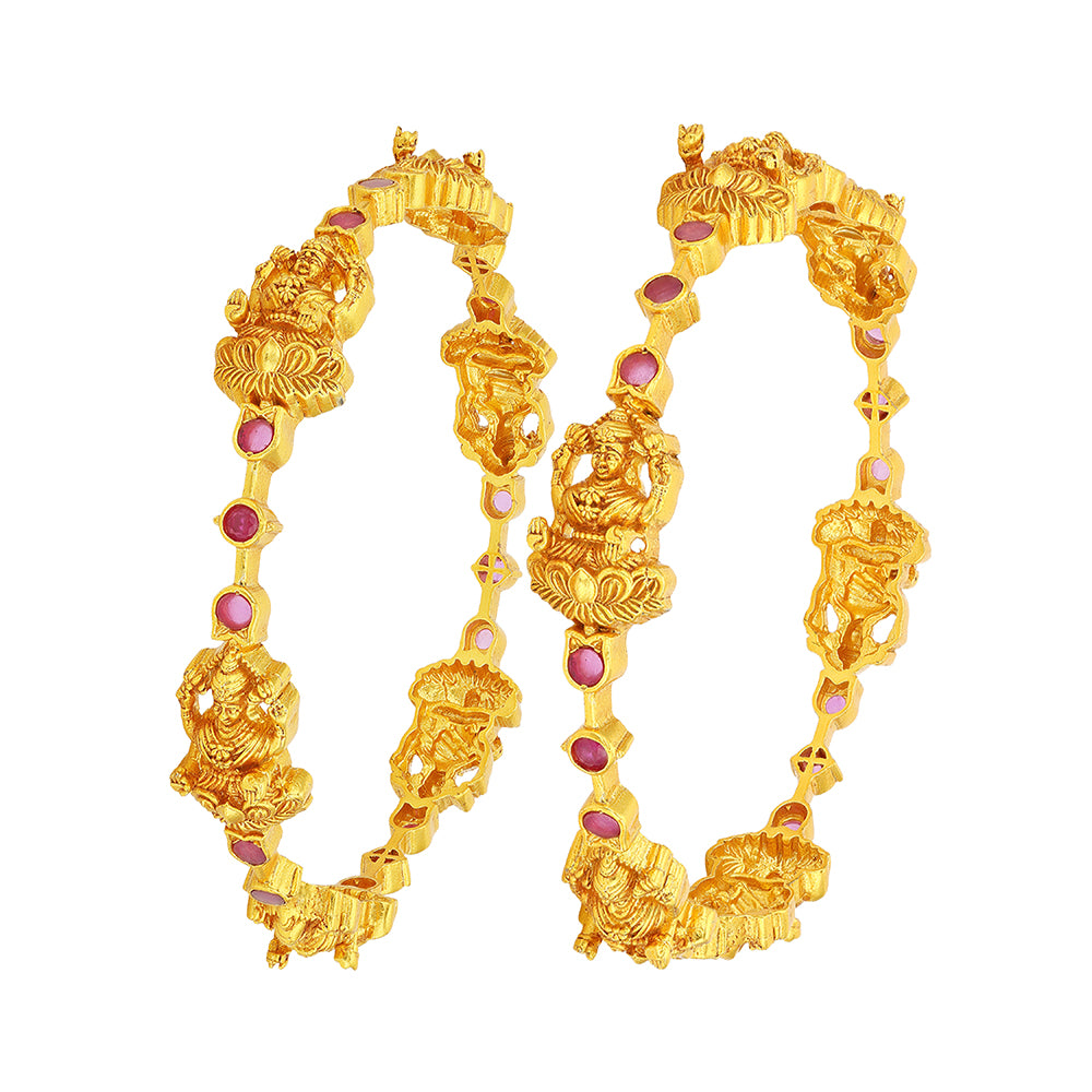 Golden Divine Lakshmi Temple Pink Stone 925 Sterling Silver Bangle for Women