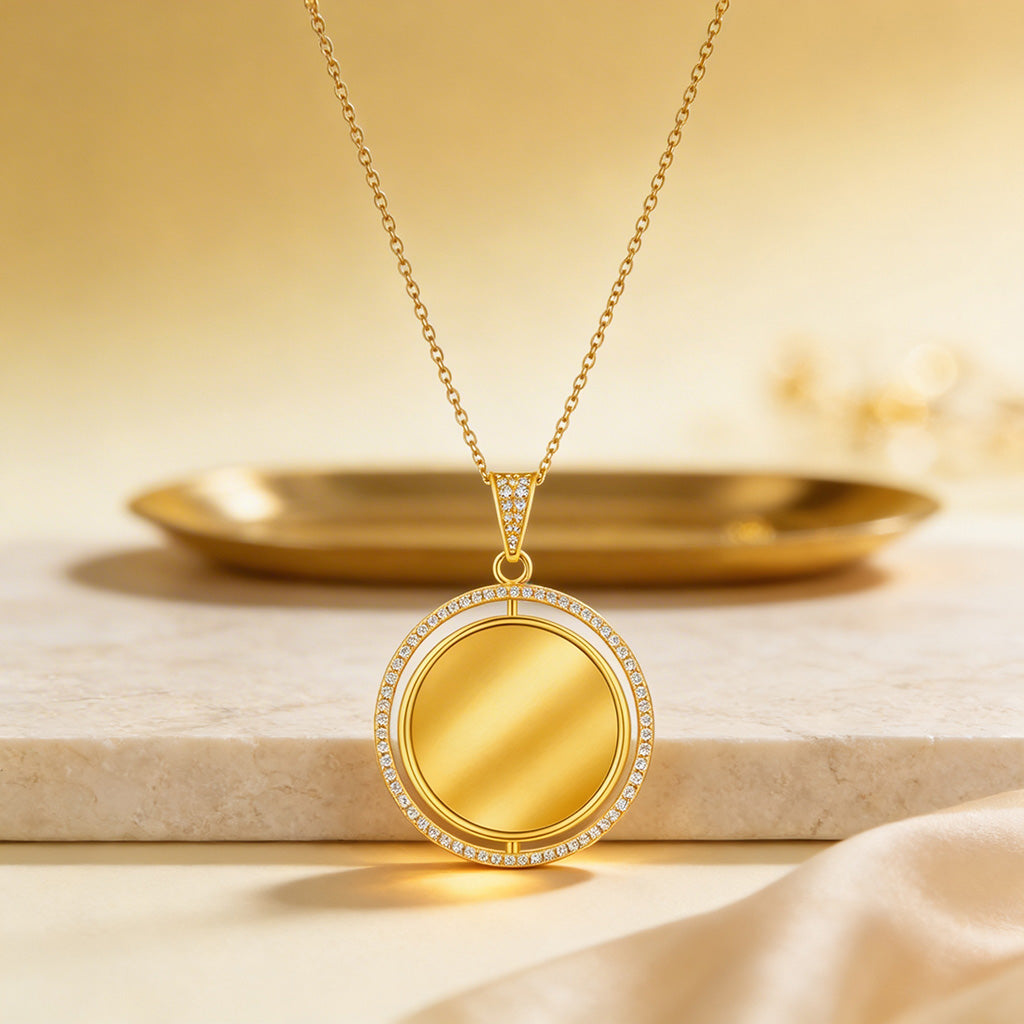 Golden Double Circle Frame 925 Sterling Silver Engraving Pendant for women