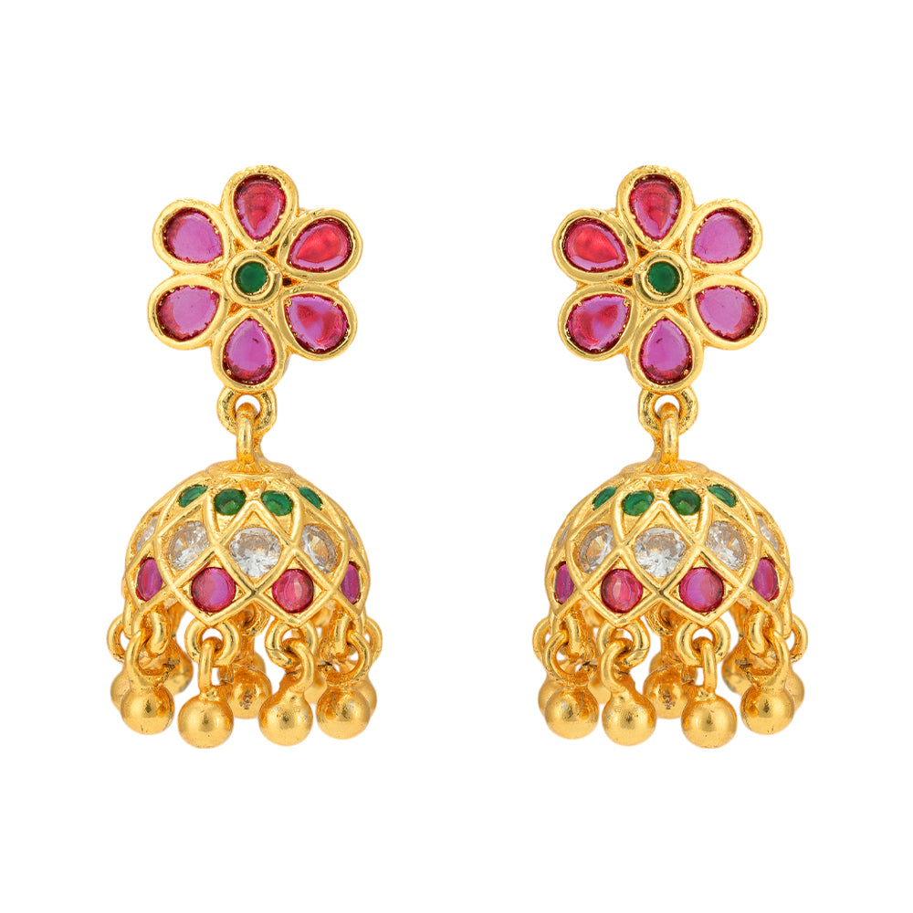 Golden Era Red Green Stone 925 Gold Plated Jhumka Earrings
