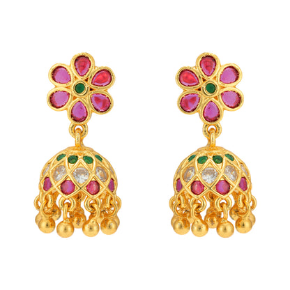 Golden Era Red Green Stone 925 Gold Plated Jhumka Earrings 
