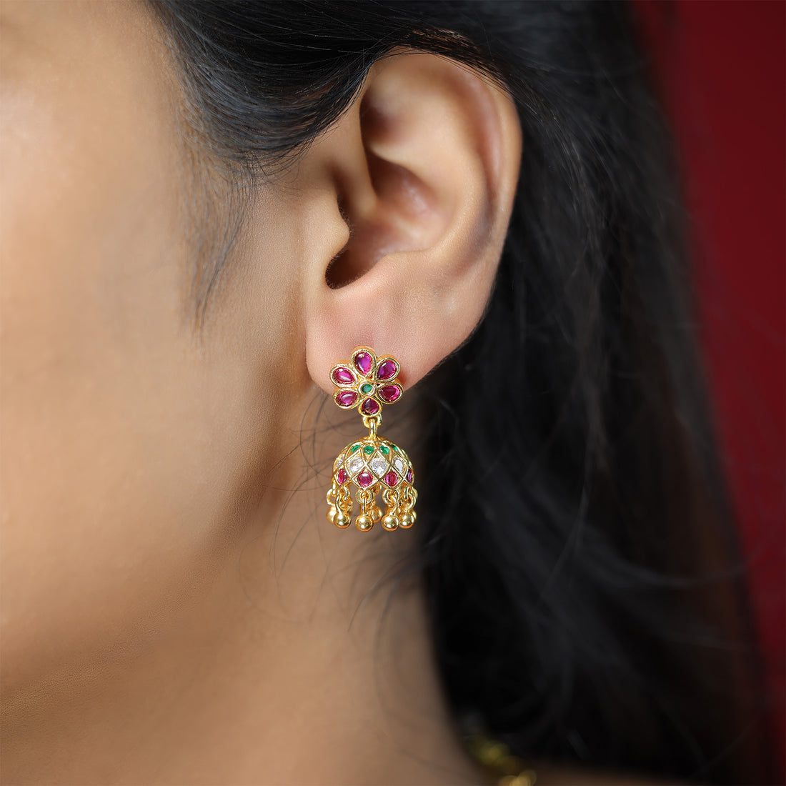 Golden Era Red Green Stone 925 Gold Plated Jhumka Earrings