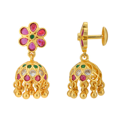 Golden Era Red Green Stone 925 Gold Plated Jhumka Earrings 

