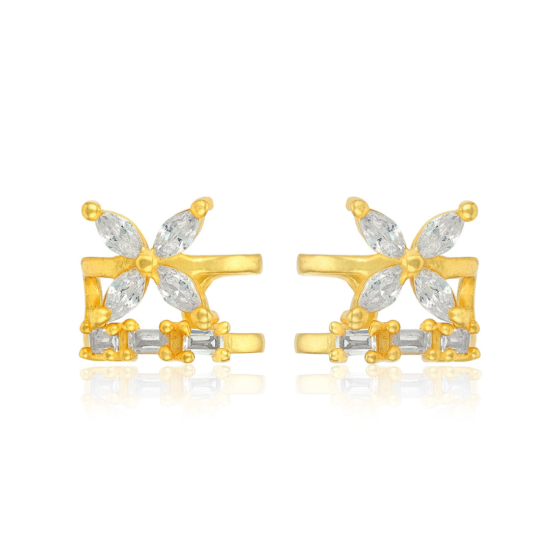 Golden Floral Crystal Bloom 925 Sterling Silver Cuff Earrings