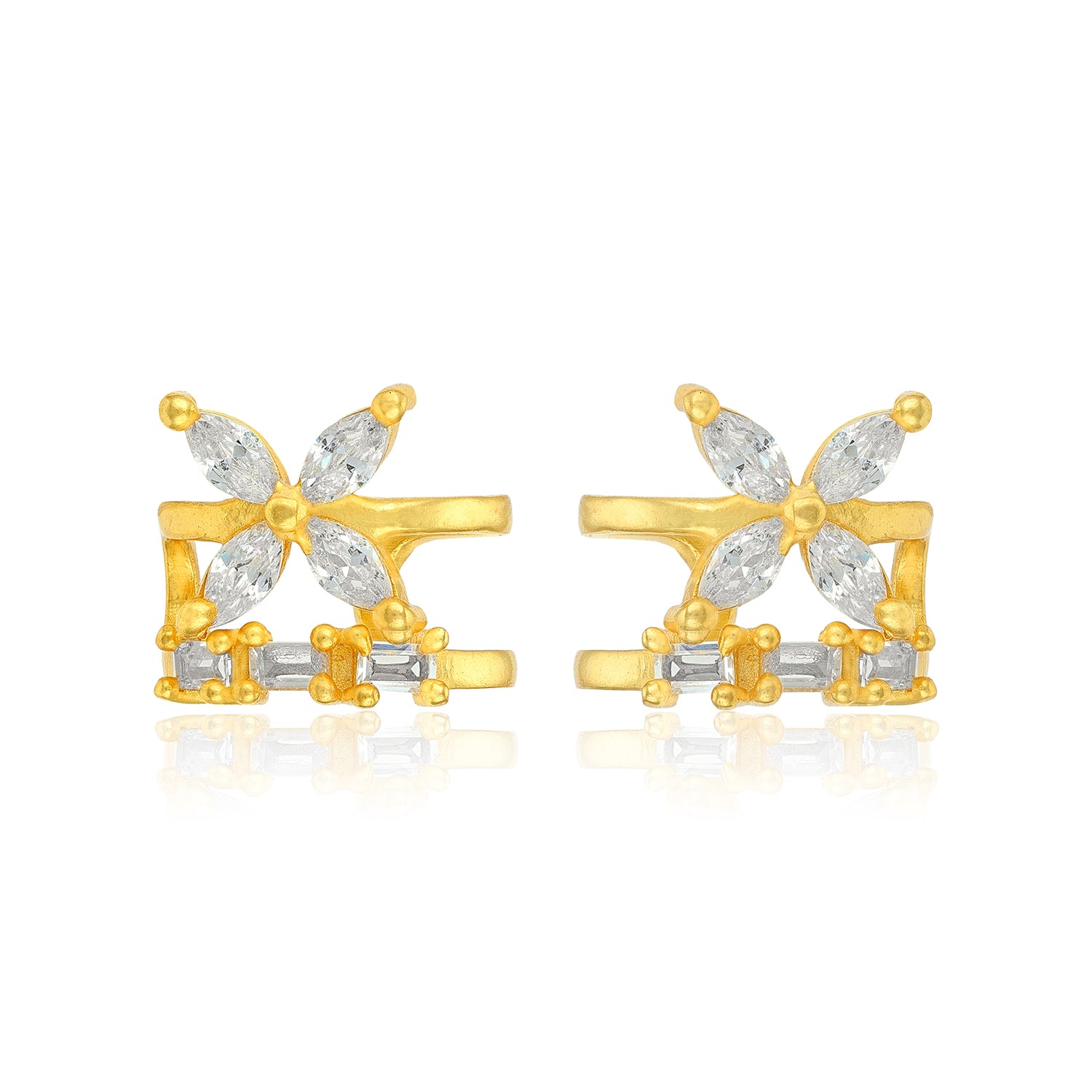 Golden Floral Crystal Bloom 925 Sterling Silver Cuff Earrings