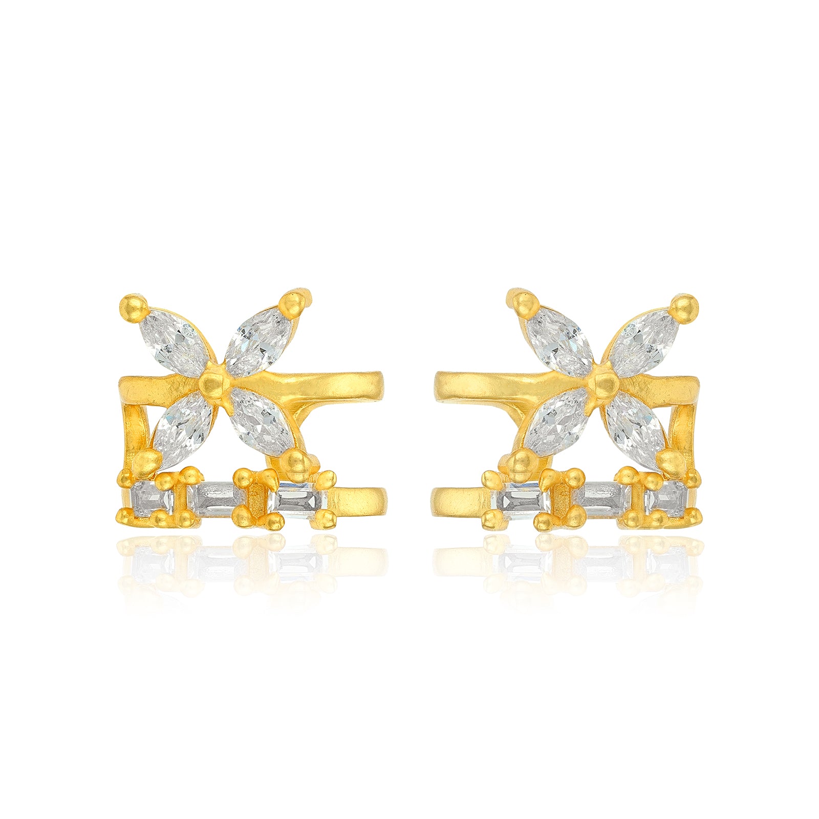 Golden Floral Crystal Bloom 925 Sterling Silver Cuff Earrings