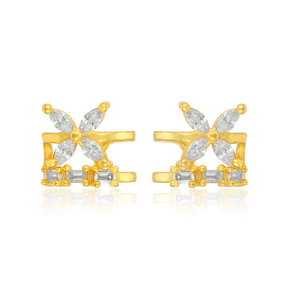 Golden Floral Crystal Bloom 925 Sterling Silver Cuff Earrings