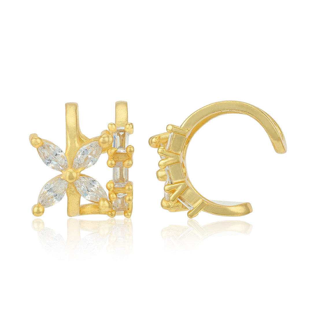 Golden Floral Crystal Bloom 925 Sterling Silver Cuff Earrings for Women