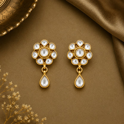 Golden Floral Kundan 925 Sterling Silver Designer Earrings