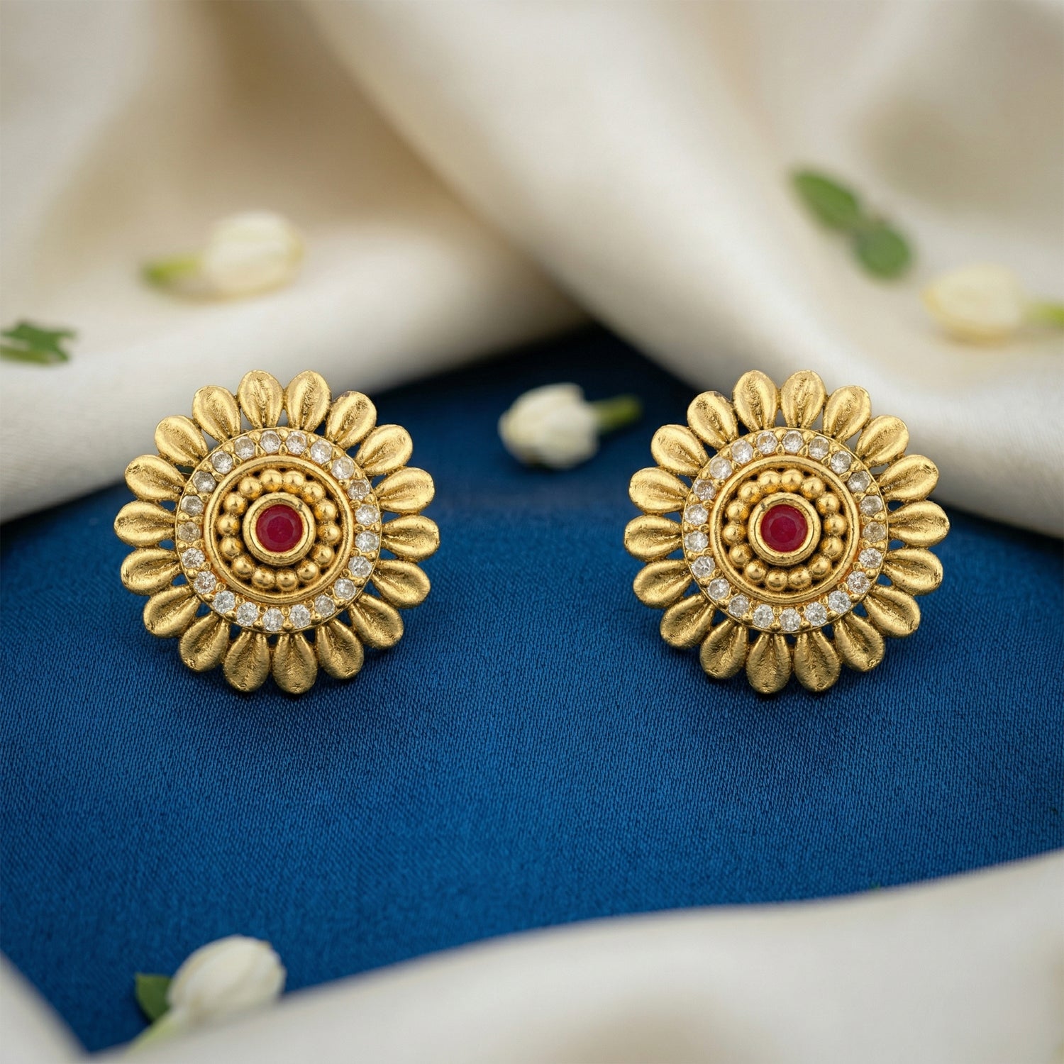 Golden Floral Pink Halo 925 Sterling Silver Stud for Women